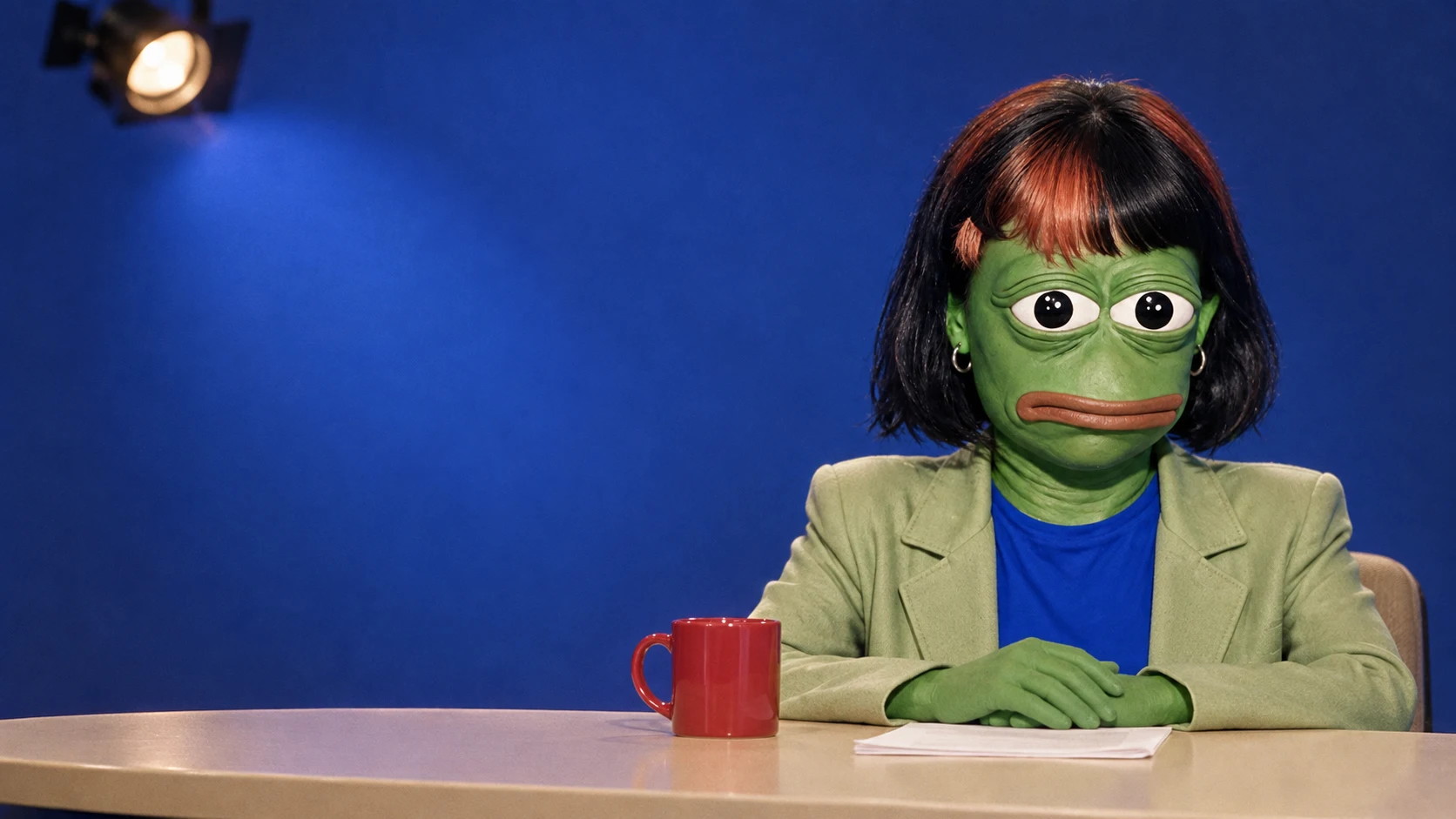 Claudia Pepe seated at a cream studio desk with a red mug, blue backdrop and a stack of papers